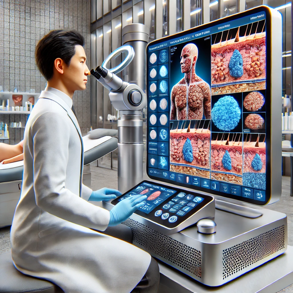 DALL·E 2025-02-08 16.43.27 - A modern dermatology clinic with an advanced machine vision system in use. The scene depicts a dermatologist of Asian descent examining a patient's sk