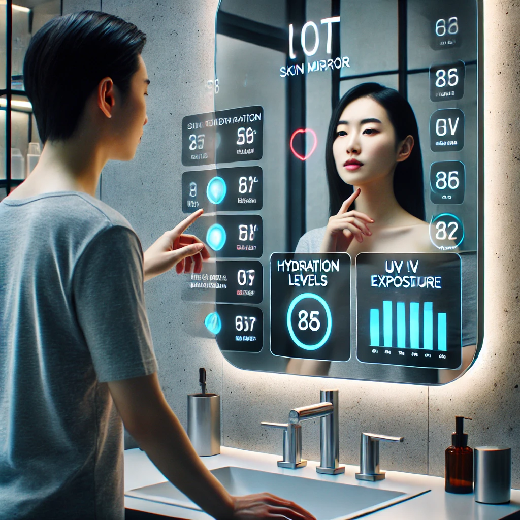 DALL·E 2025-02-08 17.04.49 - A modern bathroom scene with a user interacting with an IoT-enabled smart mirror. The mirror displays various skin metrics such as hydration levels an